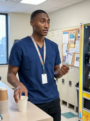 Khalil, AI character: hospital staff break area in Baltimore, lockers and a bulletin board behind him