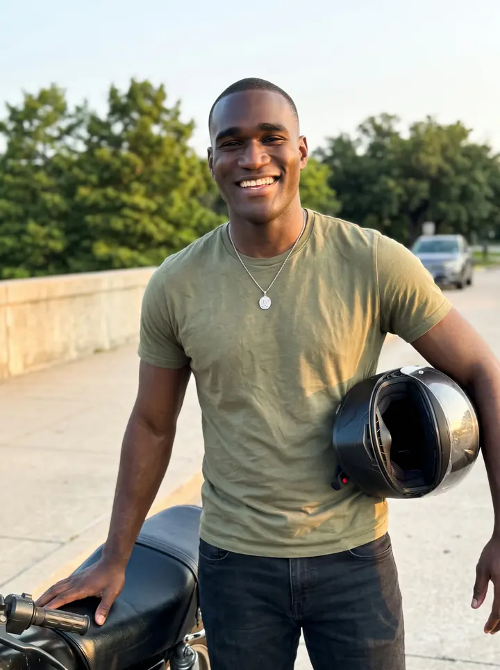 Gbenga, AI character: a paved overlook near Buffalo Bayou just after sunrise, standing beside his old black Honda motorcycle…