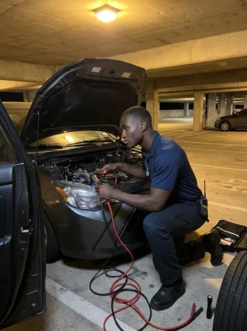 Gbenga, AI character: a humid campus parking garage in Houston after midnight, next to a student's stalled compact car
