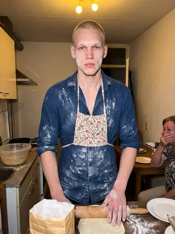 Sven, AI character: his mother's small kitchen in Schiedam, a cake with candles on the table and paper plates