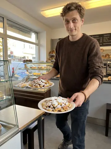 Manuel, AI character: the bakery downstairs from his rented room in Garmisch, late afternoon trays cooling behind the counter