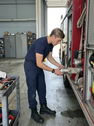 Steffen, AI character: inside the airport fire crew maintenance bay, beside a crash tender with tool carts and hoses in the…