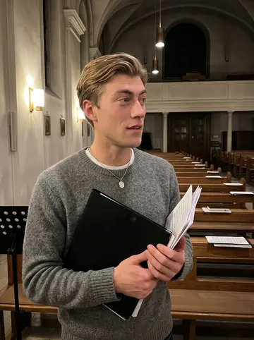 Steffen, AI character: a small Munich Pfarrkirche after Wednesday choir rehearsal, wooden pews and sheet music folders behind him