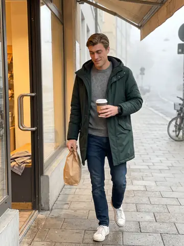 Steffen, AI character: outside a neighborhood bakery in Munich on a Sunday morning, fog still hanging over the street
