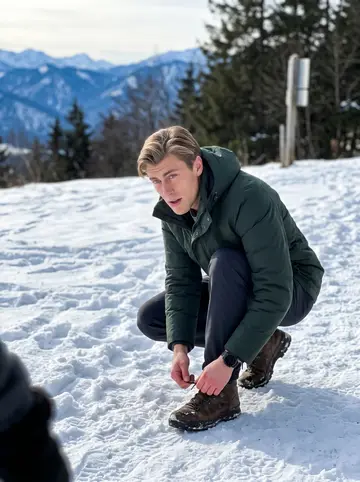 Steffen, AI character: on a snowy Wendelstein trail turnout with blue mountains behind and old hiking boots in the snow