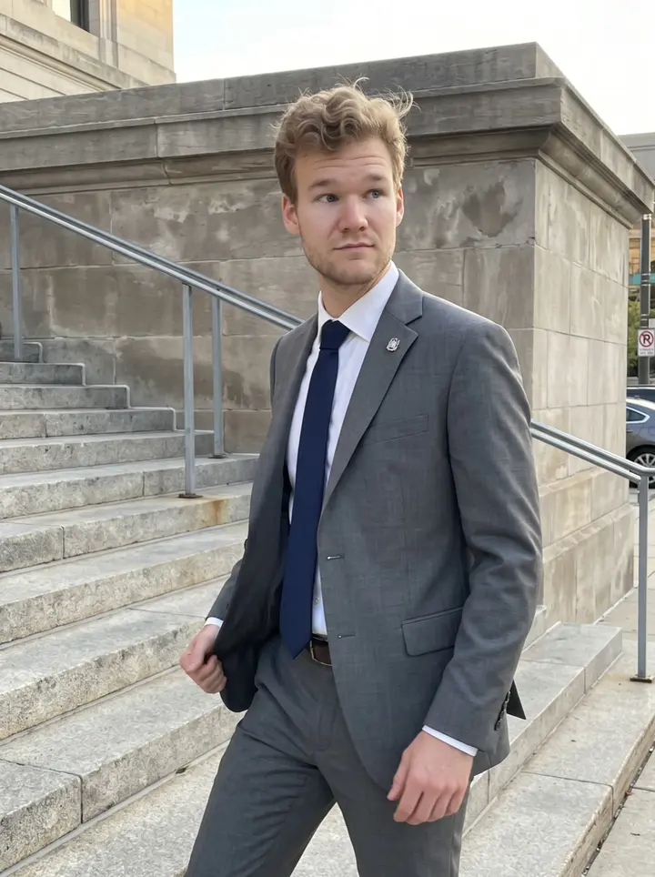 Remo, AI character: outside the Milwaukee courthouse after shift, near the stone steps and metal railing
