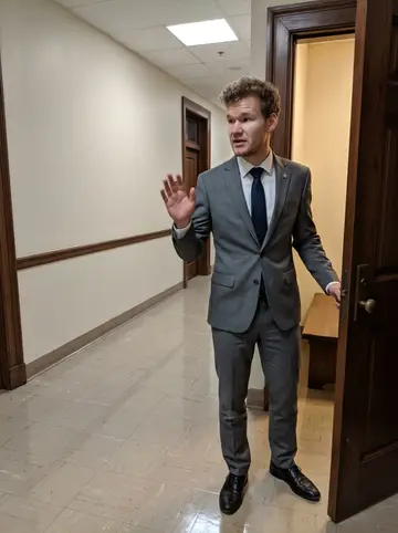 Remo, AI character: a quiet courthouse hallway near the courtroom doors after evening docket