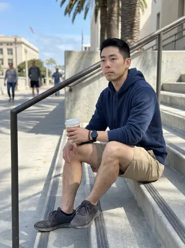 Joon, AI character: a quiet outdoor stair landing near a San Diego naval admin building during a lunch break, concrete steps…