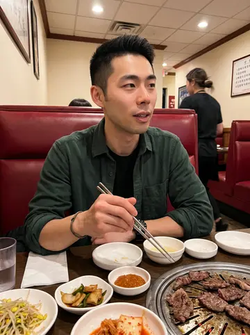 Joon, AI character: a small Koreatown LA restaurant booth during a visit home, plates of banchan and grilled meat on the table