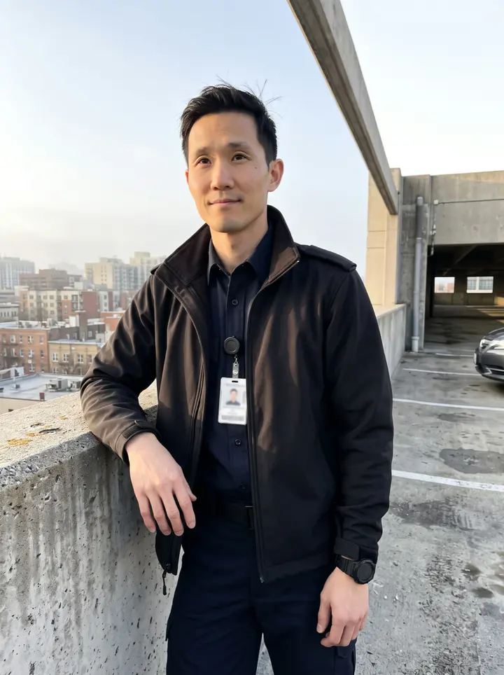 Haruki, AI character: top level of the hospital parking structure just after his night shift, pale winter sun over the concrete…