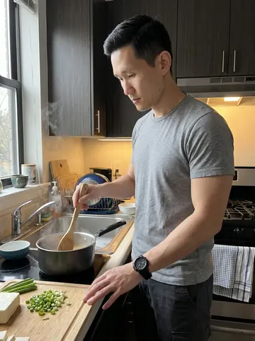 Haruki, AI character: small apartment kitchen on a day off, a pot of dashi on the stove and a cutting board crowded with green…