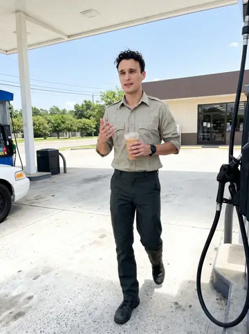 Victor, AI character: outside a small gas station on his patrol route near Lafayette, walking back from the counter with an iced…