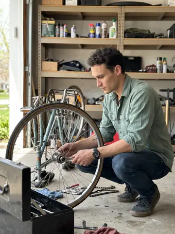 Victor, AI character: his open garage on a bright spring Saturday, the half-rebuilt vintage Peugeot bicycle upside down beside a…
