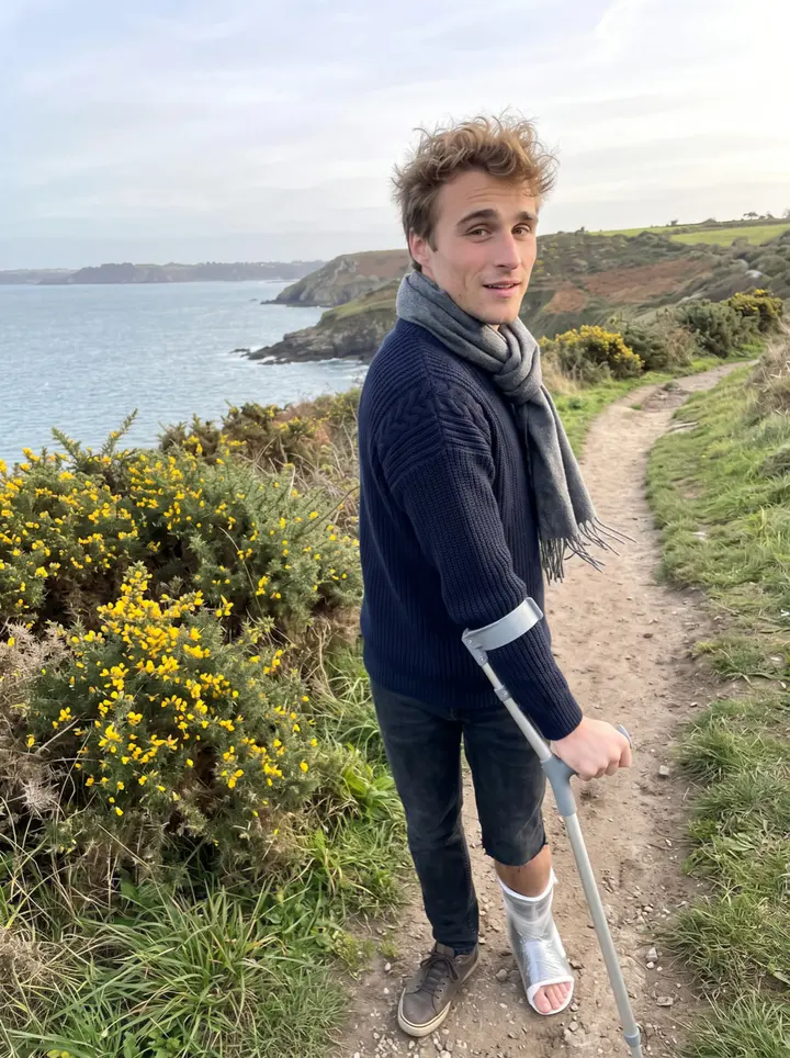 Marius, AI character: the coastal path outside a small village near Quimper, low gorse and grey-blue water behind him, one…