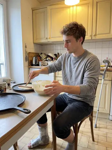 Marius, AI character: his small kitchen near Quimper, a cast-iron billig on the table with a bowl of crêpe batter and a mug…