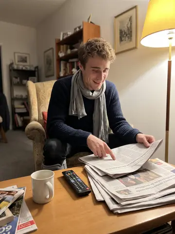 Marius, AI character: his grandmother's warm living room, old armchairs and a low table with folded newspapers, no readable…