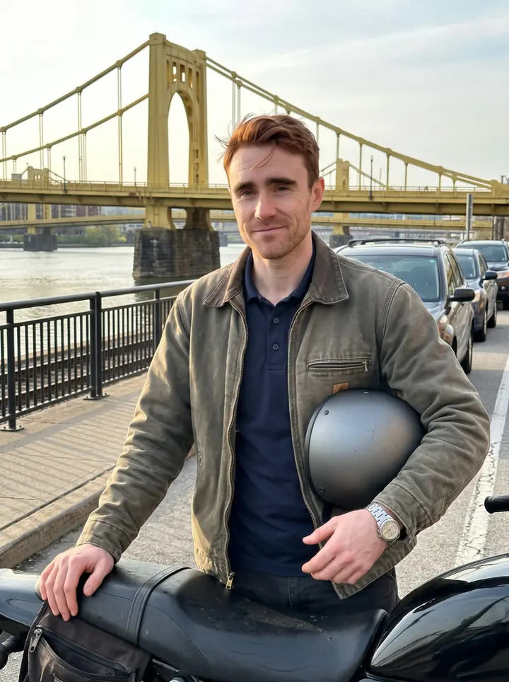Bradley, AI character: on the North Shore before work, standing beside his black 1998 Triumph Bonneville with the Three Sisters…