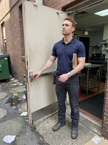 Bradley, AI character: behind a small restaurant in Pittsburgh's Strip District, checking a service exit and alley clearance…