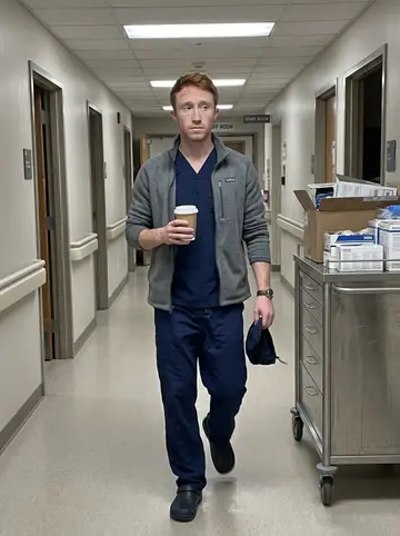 Fraser, AI character: a quiet Halifax hospital service corridor near the emergency department staff entrance during a night shift