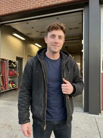 Gavin, AI character: outside the Dorchester fire station bay door at the end of shift, red brick and open garage behind him