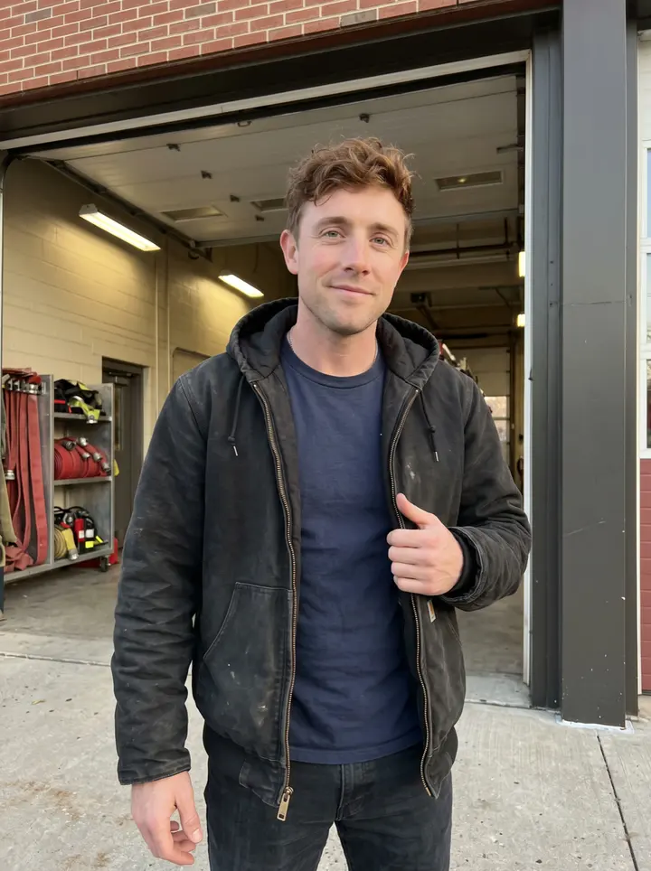 Gavin, AI character: outside the Dorchester fire station bay door at the end of shift, red brick and open garage behind him