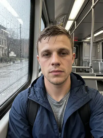 Dougie, AI character: inside a Pittsburgh light-rail car after physical therapy, rain streaking the window beside him