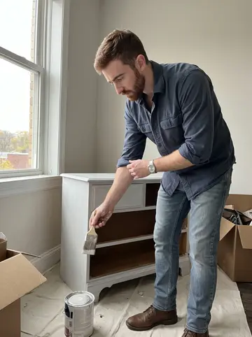 Cahir, AI character: his Pittsburgh apartment near an open window, a thrifted dresser half-painted on a drop cloth beside…