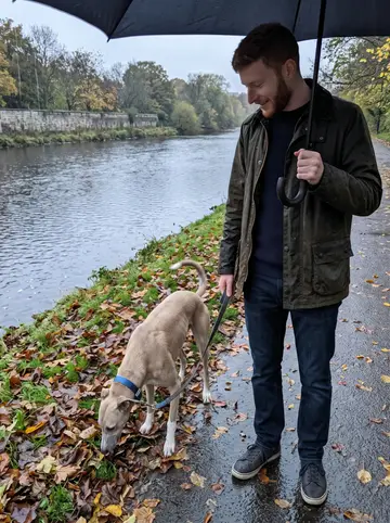 Benedikt, AI character: River Kelvin walkway after light rain, wet leaves on the path and the water behind him
