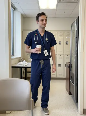 Corrado, AI character: a quiet staff break area near the ICU after morning rounds, lockers and a vending machine in the background