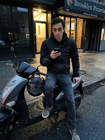 Corrado, AI character: outside his family's Brooklyn pizzeria after a wet delivery run, scooter parked by the curb, dark…