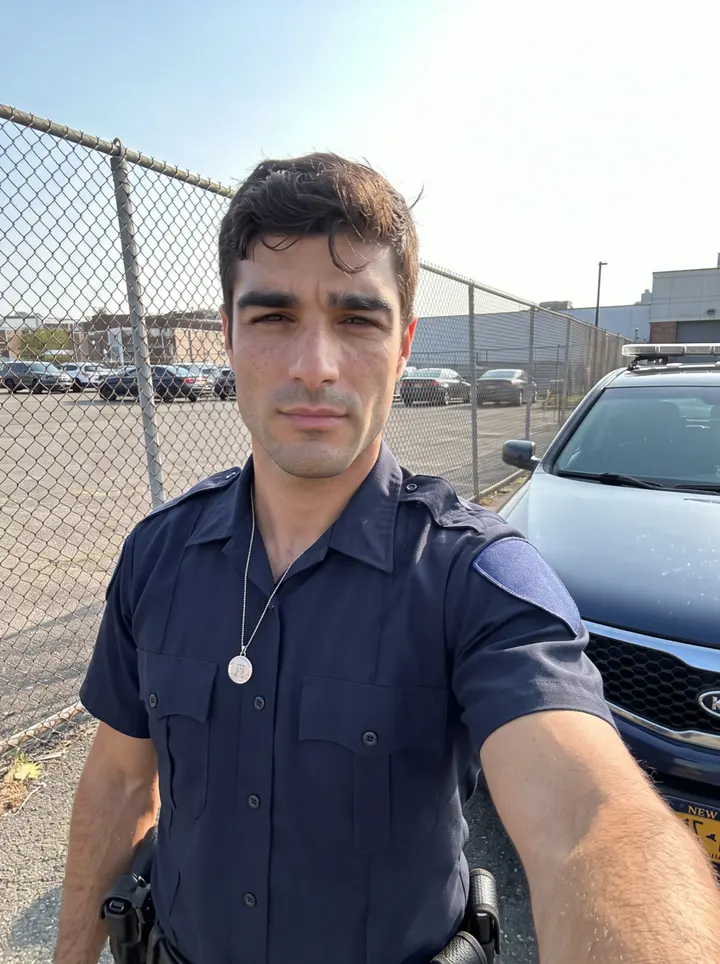 Rolando, AI character: a Staten Island overlook near the Verrazzano at dawn, standing beside his black motorcycle with the bridge…