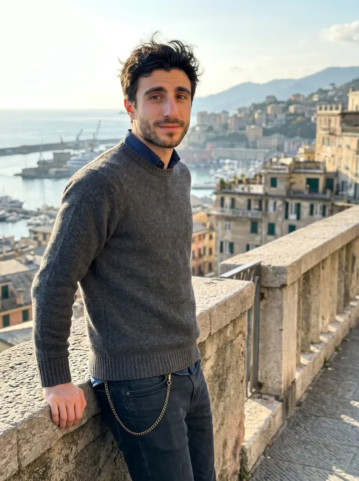 Gerolamo, AI character: a hillside lookout above Genoa with the harbor and stacked old buildings behind him after an early shift