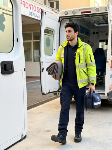 Gerolamo, AI character: outside a Genoa hospital ambulance bay between calls, white ambulance doors open behind him
