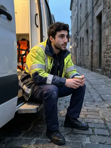Gerolamo, AI character: on the back step of the ambulance in a narrow side street near the old port during a quiet break
