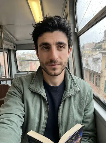Gerolamo, AI character: inside one of Genoa's tiny funicular cars on a rainy day off, wet city roofs visible through the window