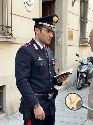 Ignazio, AI character: outside a Carabinieri station in Bologna during a daytime foot patrol, a parked scooter and pale stone…