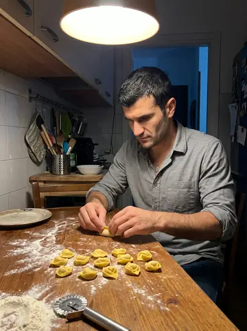 Ignazio, AI character: a neighbor's small Bologna kitchen on Sunday night, flour on a wooden table and rows of tortellini half…