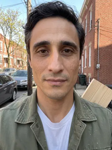 Moreno, AI character: his Staten Island apartment living room, a half-built wooden bookcase against the wall, sawdust on a…