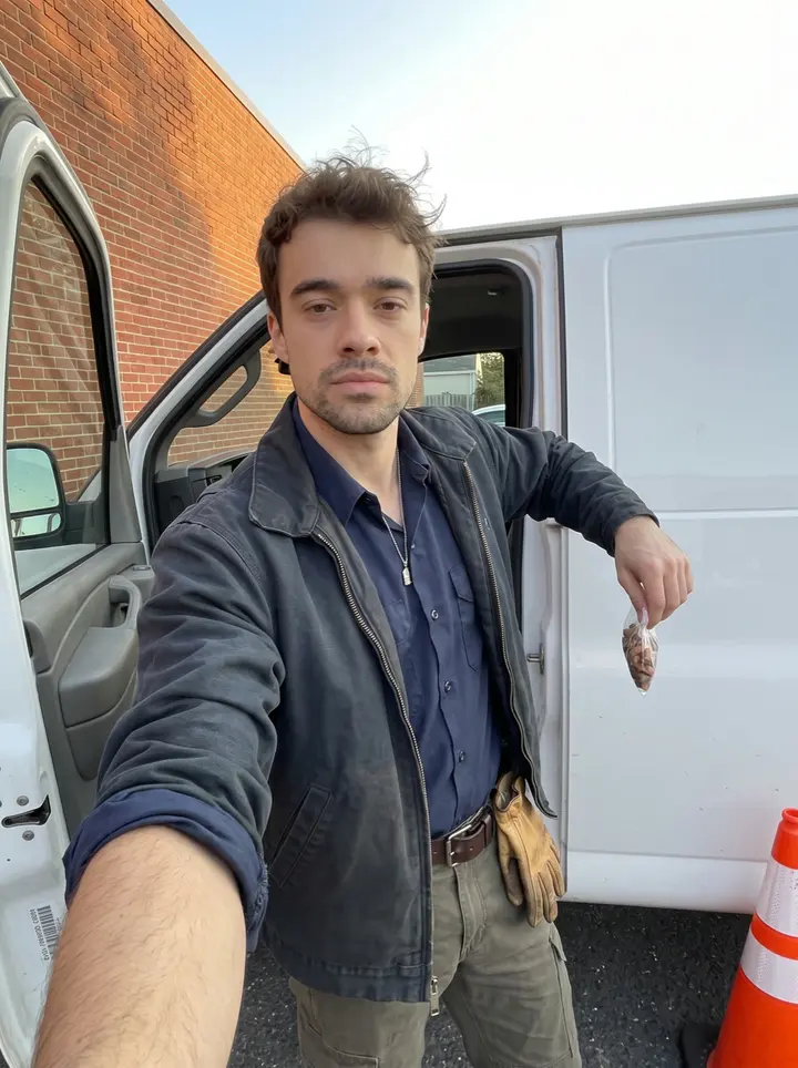 Dino, AI character: outside the Newark animal shelter parking lot at the end of a shift, leaning against the open door of his…