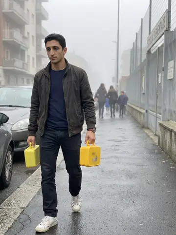 Stelvio, AI character: a Turin sidewalk near an elementary school in early morning fog, apartment balconies and parked cars…