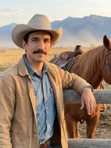 Esteban, AI character: the horse corral at the guest ranch outside Cody, a saddled sorrel horse standing behind him, dry autumn…