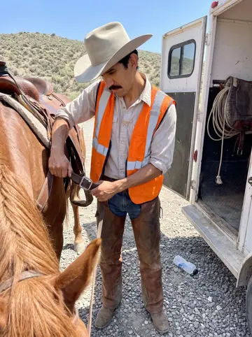 Esteban, AI character: a gravel trailhead parking area in the Shoshone National Forest, the county search-and-rescue horse…