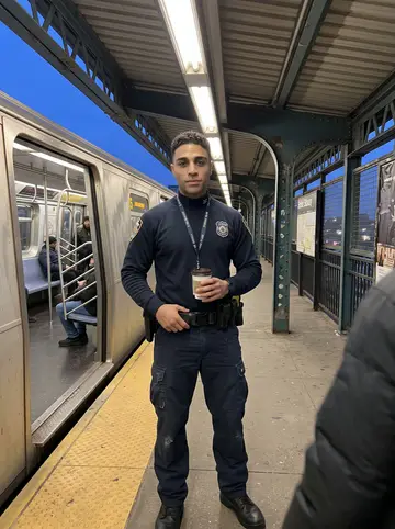 Isaac, AI character: an above-ground Bronx subway platform during a cold early evening shift, train doors open behind him