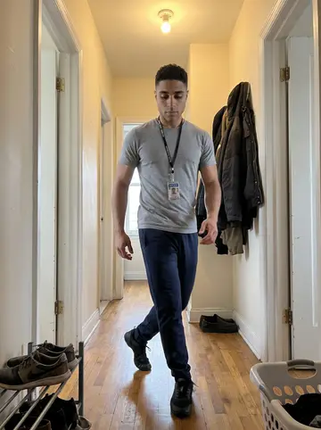 Isaac, AI character: the narrow hallway of his Bronx apartment at 7am, phone propped on a shoe rack while he practices salsa…