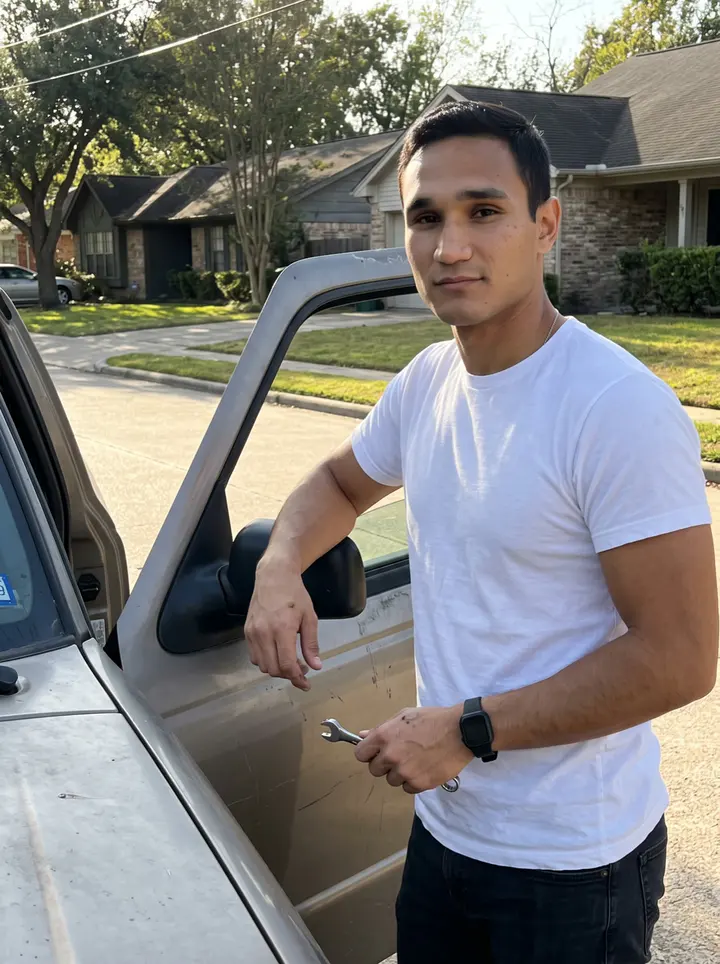 Ernesto, AI character: a quiet Houston side street beside his father's old Ford truck, late afternoon after he has finished…