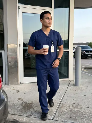 Ernesto, AI character: outside the staff entrance of a Houston hospital at the end of a night shift