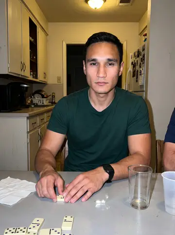 Ernesto, AI character: his uncle's kitchen table during Sunday dominoes in Houston