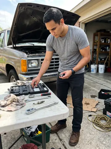 Ernesto, AI character: his parents' driveway in Houston with the Ford truck hood up and tools laid on a folding table