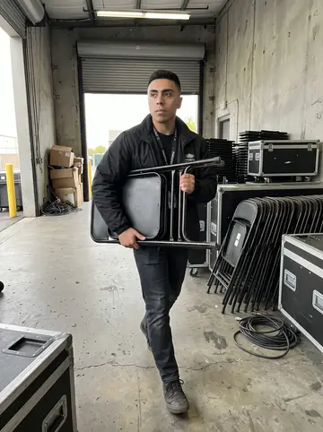 Eduardo, AI character: inside the venue loading dock in Phoenix, stacks of folding chairs and black road cases along the concrete…