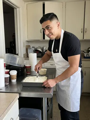 Eduardo, AI character: the small staff kitchen behind the concert venue, metal prep table, plastic cake carrier and coffee cups…